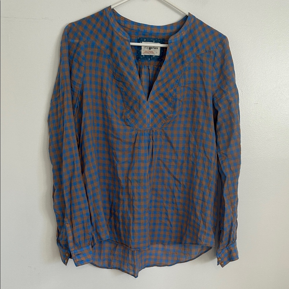 Anthropologie Blue and Orange Checkered Top